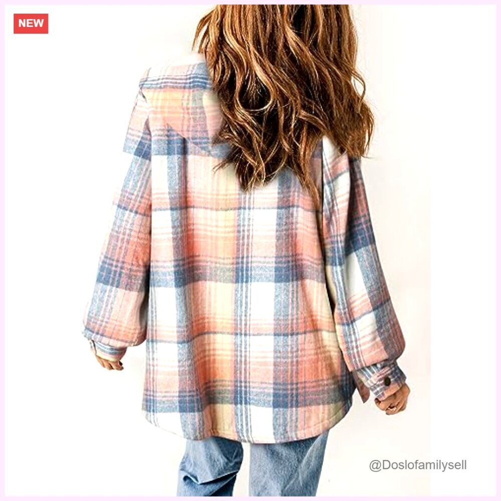Fleece-Lined Plaid Hooded Shacket, Boyfriend Fit, Button Front & Cuffs - Picture 3 of 7